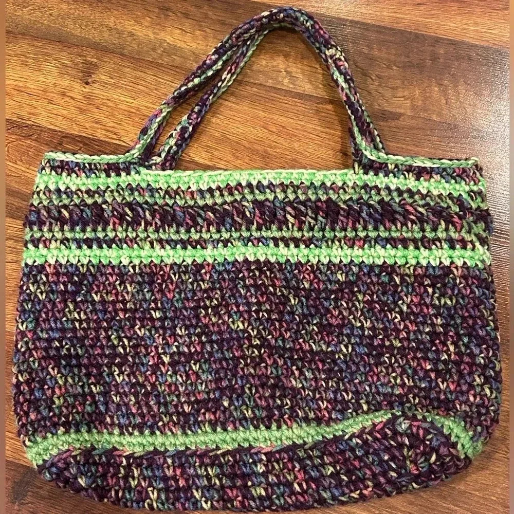 Beautiful Hand Crochet Hand Bag Purple and Green Medium Size - Picture 1 of 4
